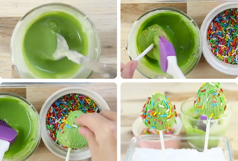 Phủ chocolate trà xanh và rắc kẹo màu làm cây thông