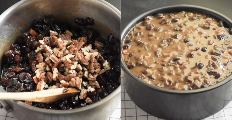 Trộn hỗn hợp mận khô, hạt chà là khô, hạt hồ đào