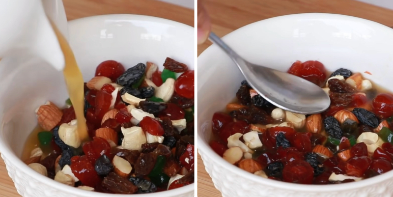 Ngâm hỗn hợp hạt và hoa quả khô trong nước ép cam