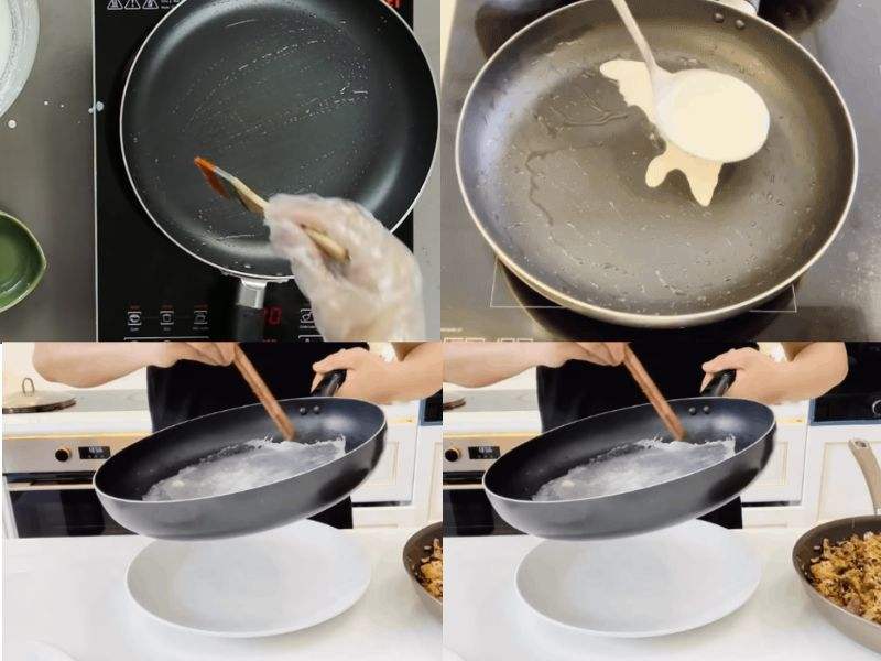 Công đoạn làm bánh cuốn bằng chảo chống dính