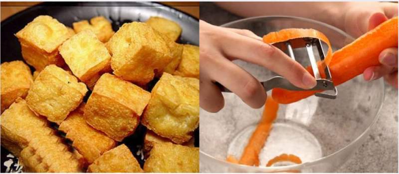 Đậu phụ chiên vàng, cà rốt gọt sạch vỏ