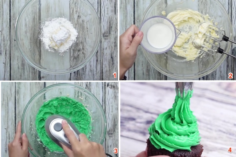 Sử dụng máy đánh trứng đánh tan hỗn hợp để tạo kem cho bánh