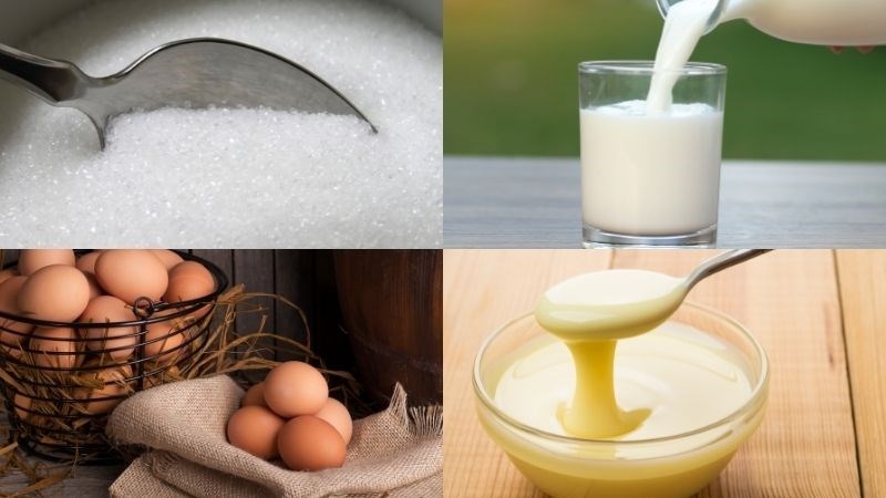 Nguyên liệu đường, trứng, sữa để làm bánh flan