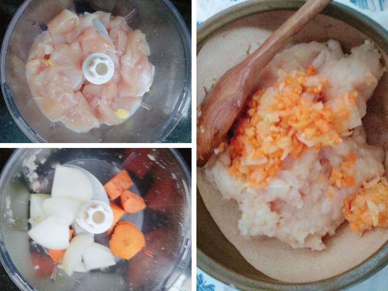 Tiến hành xay nhuyễn thịt gà và rau củ