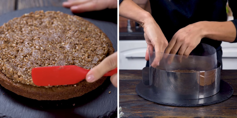 Đặt bánh bông lan vào khuôn rời và phết lớp nhân gừng