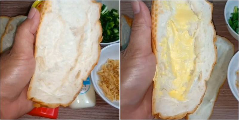 Cắt dọc bánh mì và phết đều bơ lên