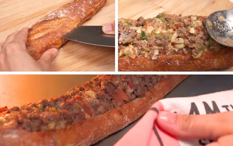 Nhồi thịt bò vào bánh mì và nướng