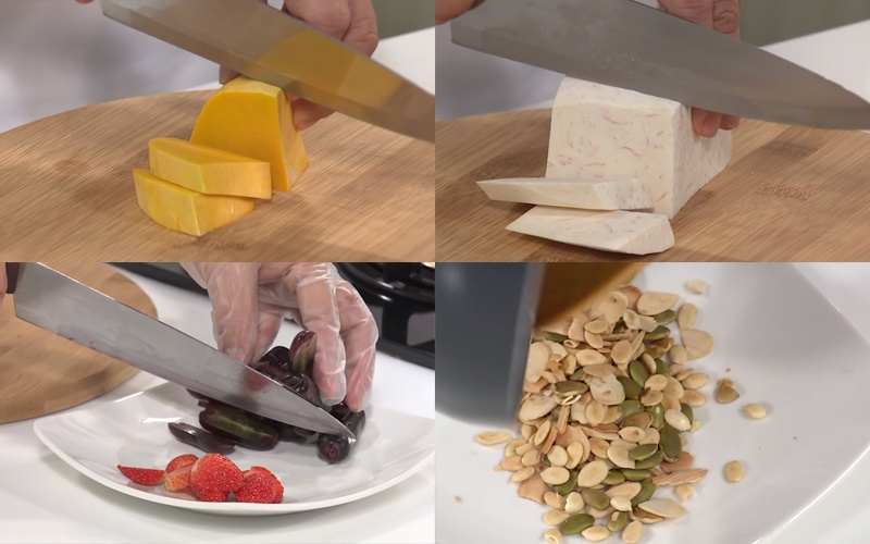 Công đoạn sơ chế khoai môn, bí đỏ và các loại hạt