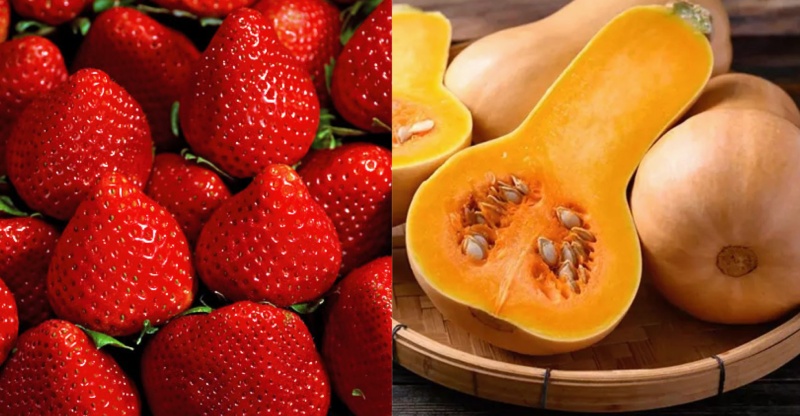 Dâu tây và bí đỏ tươi ngon, thích hợp làm bánh