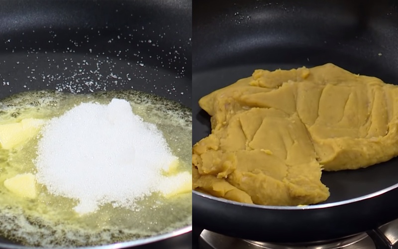 Chế biến nhân bánh với hỗn hợp bí đỏ và khoai môn