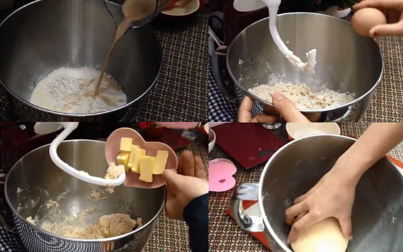 Tiến hành trộn bột và nhào bột trong 15p đến khi mịn