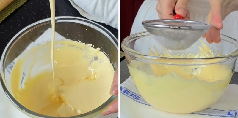 Công đoạn đánh trứng và rây bột