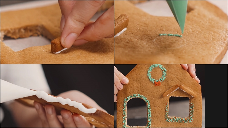 Dùng kem trắng để gắn từng mảng bánh tạo khung ngôi nhà