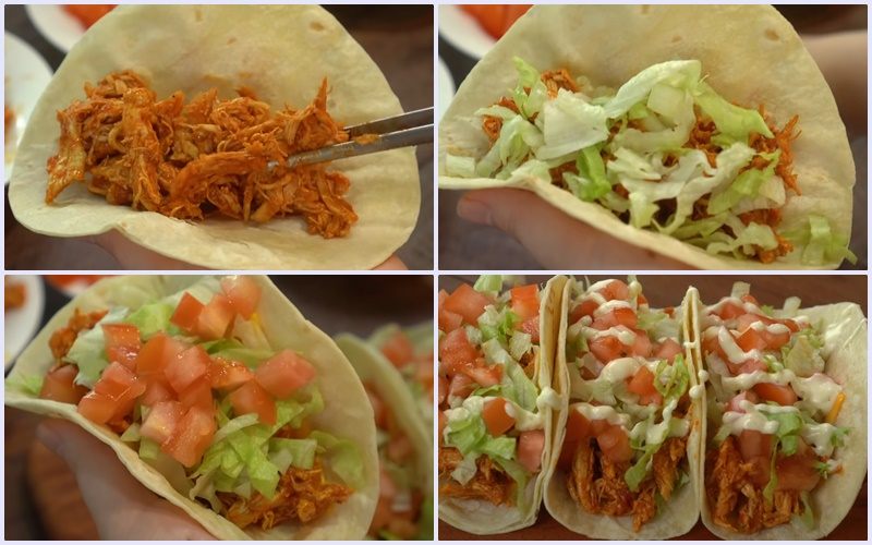Lần lượt cho các nguyên liệu đã chế biến vào bánh