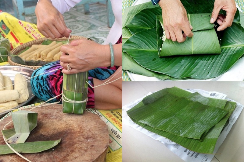Công đoạn gói bánh bằng lá chuối