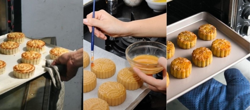Quét trứng lên mặt bánh và nướng bánh trung thu ăn kiêng trong lò