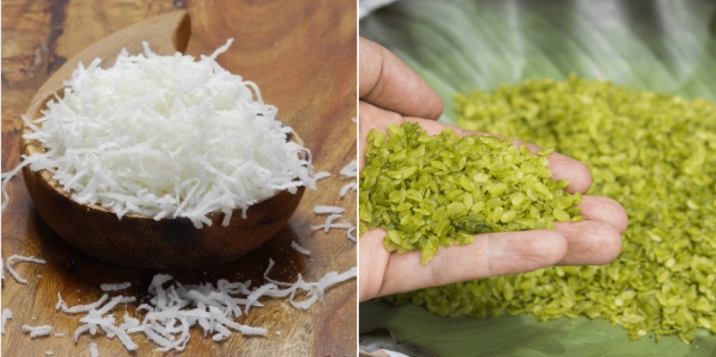 Nguyên liệu làm nhân gồm dừa nạo sợi và cốm xanh