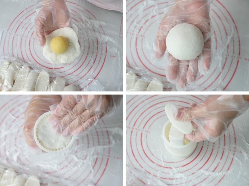 Gói nhân đậu xanh vào vỏ bánh dẻo, tạo hình và đóng khuôn