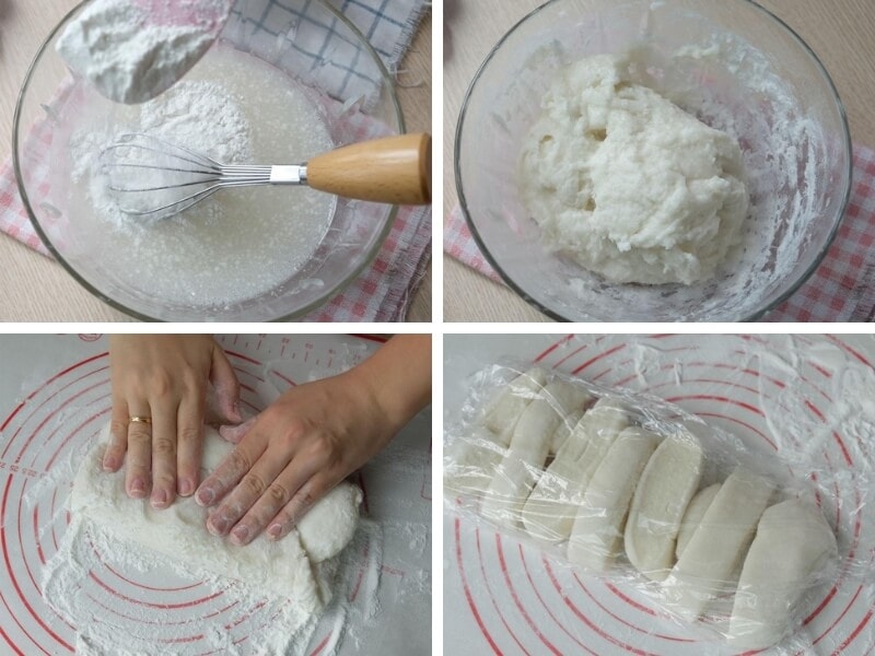 Trộn bột bánh dẻo với nước đường, nhào bột và chia phần bằng nhau