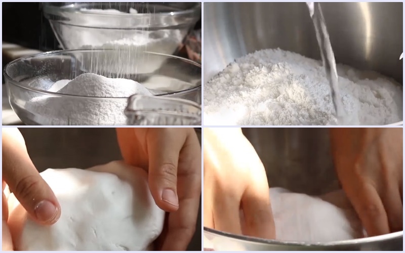 Nhào bột nếp với nước để làm vỏ bánh Trung thu Hàn Quốc Songpyeon