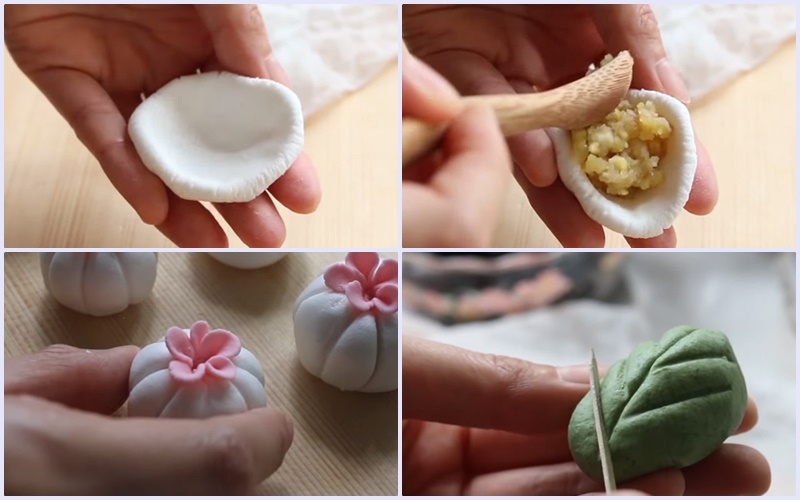 Nặn bánh Songpyeon hình hoa và lá, cho nhân vào bên trong vỏ bánh