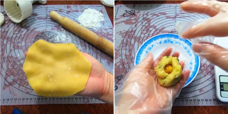Cán bột và bọc nhân làm bánh Trung thu