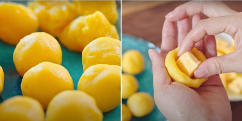 vo vỏ bánh thành từng viên và bọc nhân vào giữa
