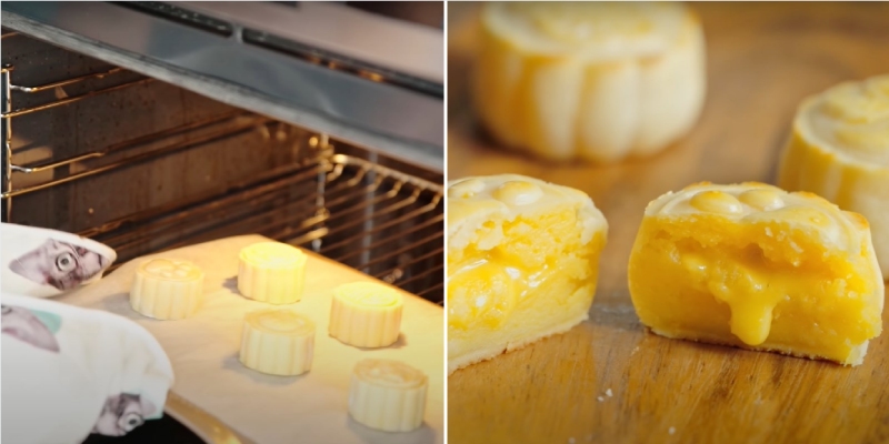 nướng bánh trung thu bằng lò và thành phẩm bánh chín vàng nhân chảy