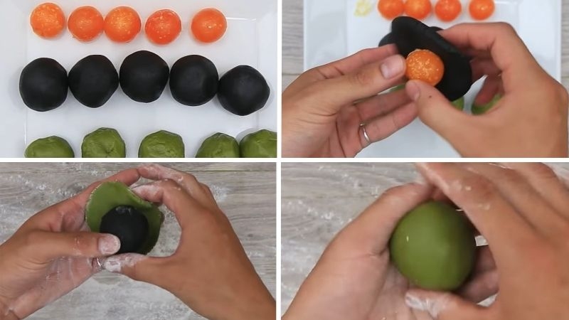 Cách bọc trứng muối trong nhân mè đen matcha bánh Trung thu