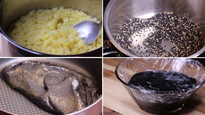 Nấu đậu xanh, rang mè, sên nhân mè đen làm bánh Trung thu