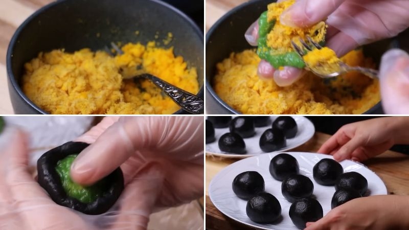 Nhân cốm dừa với trứng muối và chà bông cho bánh Trung thu
