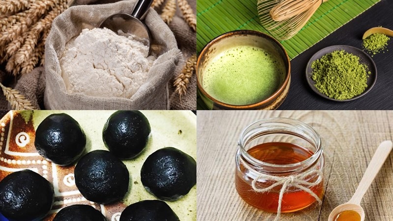 Bột mì, bột matcha, nhân mè đen và mật ong làm bánh Trung thu