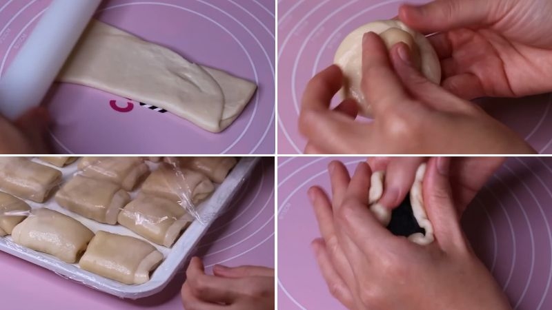 Thao tác cán bột, bọc nhân mè đen làm bánh Trung thu
