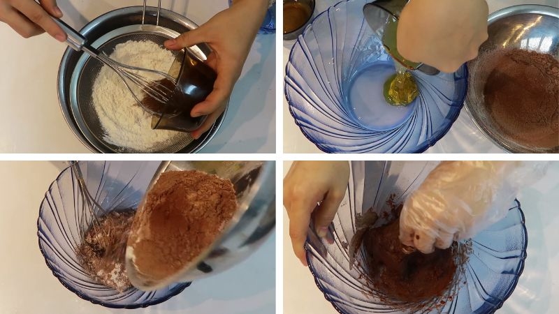 Rây bột mì và trộn cacao làm vỏ bánh Trung thu Tiramisu