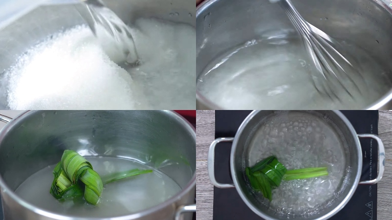 Nấu nước đường lá dứa làm vỏ bánh Trung thu trà xanh