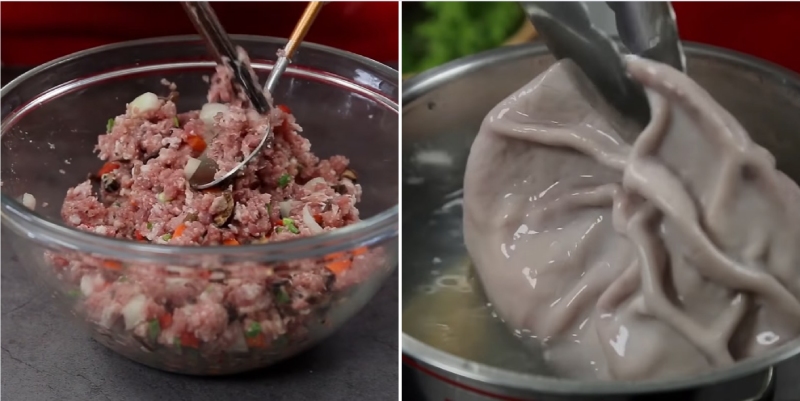 Trộn nhân thịt heo băm với rau củ và trụng bao tử sơ qua nước sôi