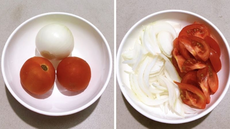 Hành tây và cà chua được thái nhỏ