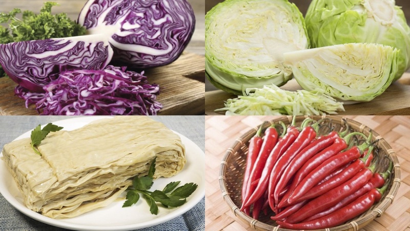 Các nguyên liệu làm món bắp cải tím xào chay