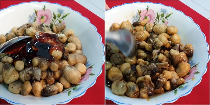 Tiến hành ướp nguyên liệu làm bầu kho nấm rơm
