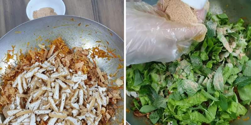 Trộn hỗn hợp củ sắn và cà rốt đã xào