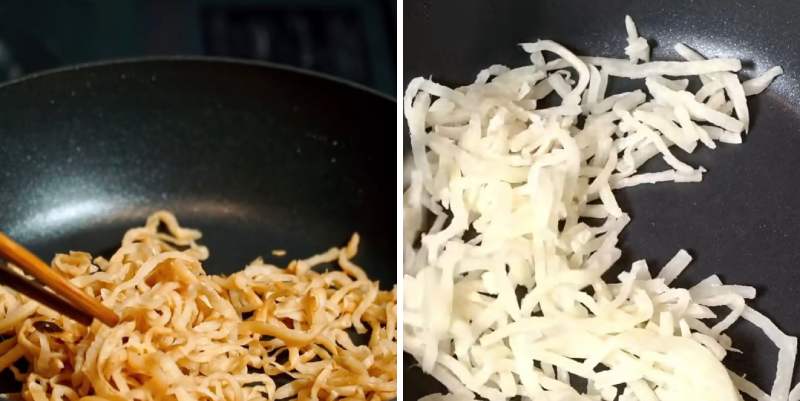 Cho chân nấm vào xào ở lửa lớn 