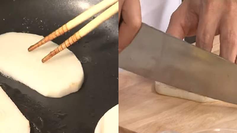 Sơ chế nguyên liệu làm bì cuốn chay từ chả lụa chay