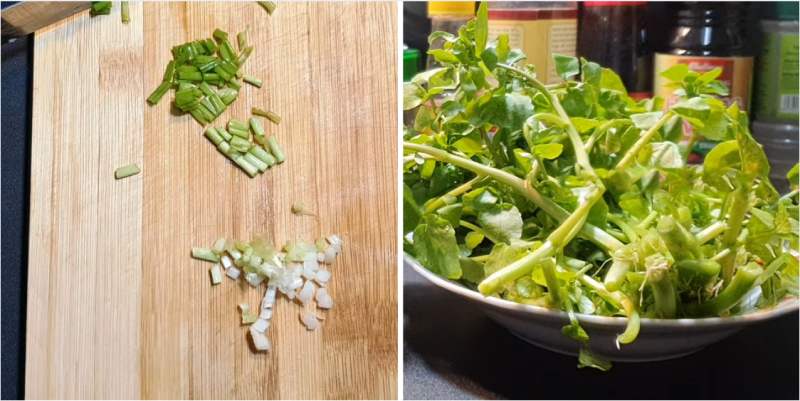 Hành lá cắt nhỏ và sơ chế xà lách xoong