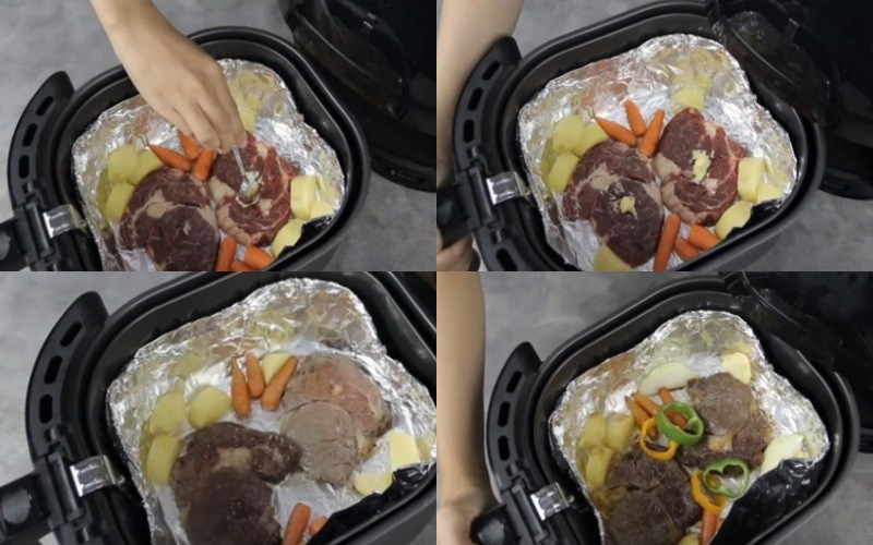 Cho thịt đã sơ chế vào nồi chiên không dầu nướng