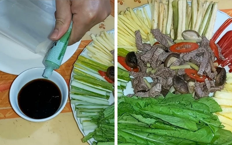 Thành phẩm món bò luộc nấm cuộn cải xanh