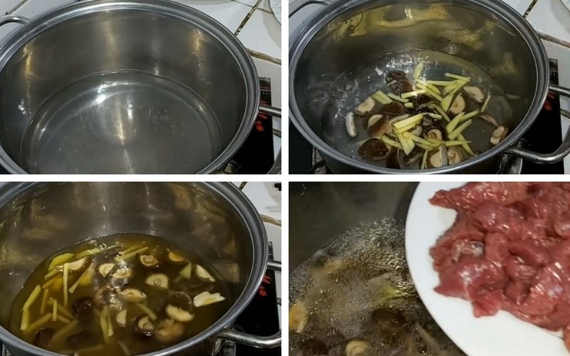 Luộc nấm với thịt bò