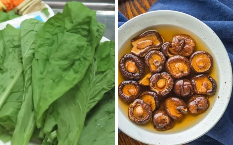 Cải bẹ xanh bỏ gốc, nấm hương cắt bỏ chân