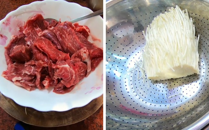 Sơ chế nguyên liệu làm thịt bò cuộn nấm kim châm nướng