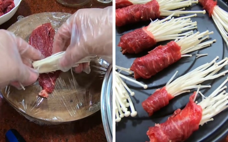 Công đoạn cuộn bò với nấm kim châm