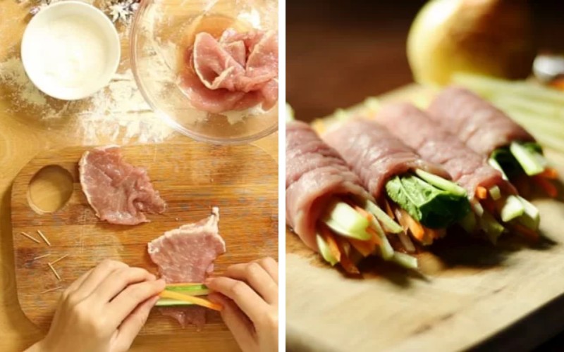 Công đoạn cuộn rau củ với thịt bò